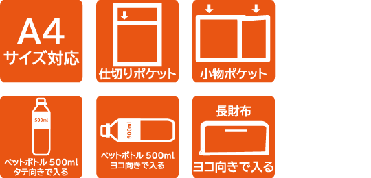 A4 サイズ対応 仕切りポケット 小物ポケット ベットボトル500ml タテ向きで入る ベットボトル500ml ヨコ向きで入る 長財布 ヨコ向きで入る